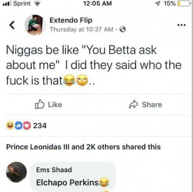 A screenshot of a Facebook post by Extendo Flip reading 'Niggas be like "You Betta ask about me" I did they said who the fuck is that' with 234 reactions, and a comment by Ems Shaad saying 'Elchapo Perkins'.
