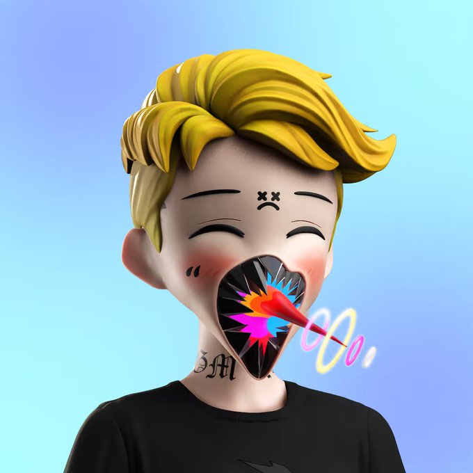 A 3D cartoon-style avatar of a blonde boy with X-shaped closed eyes, rosy cheeks, and an open mouth emitting a colorful comic-style burst effect.