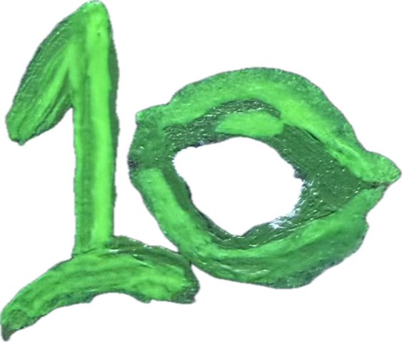 A simple green painted or drawn figure resembling a stylized stick character or alien with a rounded head and limbs.