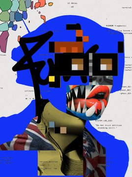A colorful digital collage featuring a figure with blue hair and a jagged-toothed mouth mask, overlaid with the word 'Ryoto' in black graffiti-style text against a blue and patterned background.