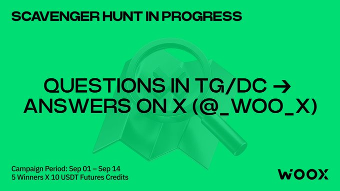 A green promotional graphic for a WOOX scavenger hunt campaign, with text reading 'SCAVENGER HUNT IN PROGRESS', 'QUESTIONS IN TG/DC → ANSWERS ON X (@_WOO_X)', 'Campaign Period: Sep 01 – Sep 14', and '5 Winners X 10 USDT Futures Credits'.