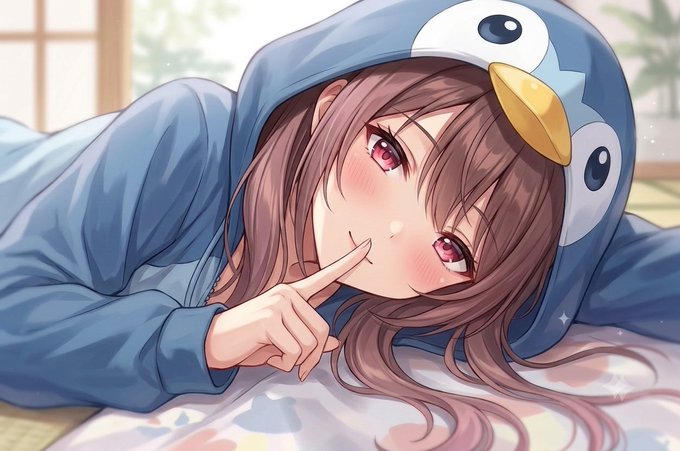 An anime-style illustration of a young woman wearing a blue penguin onesie, lying down and looking toward the viewer. The accompanying text mentions that "Rainbow Capsule ends tomorrow" and includes the hashtag #stepn.