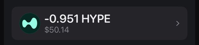 A digital asset card showing the "HYPE" token with a price of $50.14 and a negative change of -0.951.