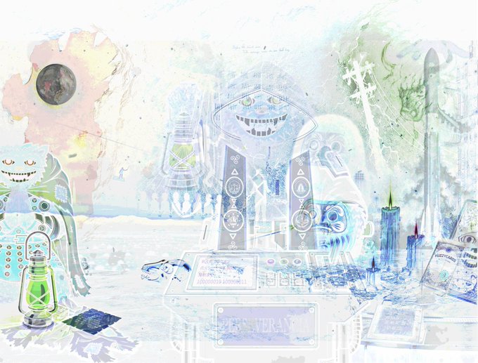 A whimsical watercolor-style digital illustration features a pale blue and green surreal landscape with a UFO-like structure, an eyeball planet, ghostly figures, and various fantastical objects.