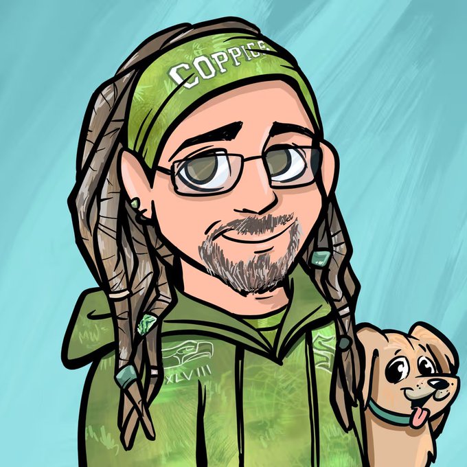 A digital avatar/illustration of a person with long dreadlocks, glasses, a goatee, wearing a green hoodie with 'XLVII' visible, and a green headband labeled 'COPPER'. A cartoon dog is beside them.