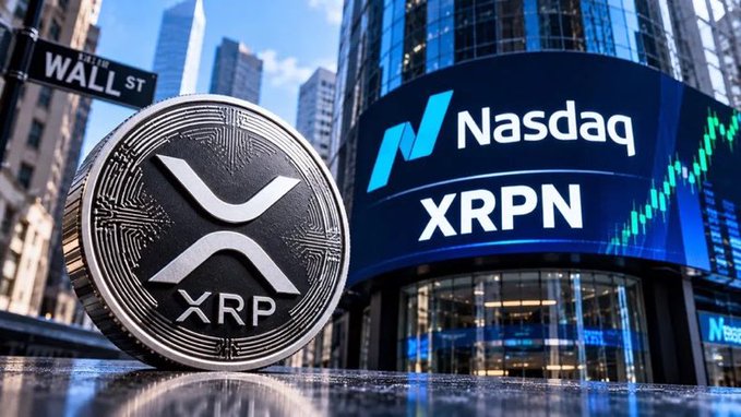 A digital illustration showing a silver XRP cryptocurrency coin beside the Nasdaq building in New York, with a Wall Street sign visible and a green upward-trending chart.