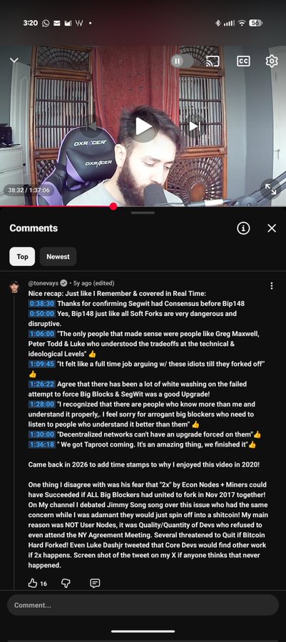 A screenshot of a YouTube video showing a bearded man with a microphone, paused at 38:32 of a 1:37:06 video, with visible comments discussing Bitcoin, SegWit, and Bip148.