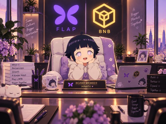 An anime-style illustration of a cute character labeled 'BOARD MEMBER HINATA' sitting at a desk with 'FLAP' and 'BNB' logos displayed prominently behind her.