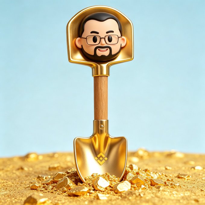 3D-rendered golden shovel stuck into a pile of gold nuggets and coins with a cartoon avatar (bespectacled man with a beard) on the handle, set against a light blue background — a common crypto/Binance-related meme.
