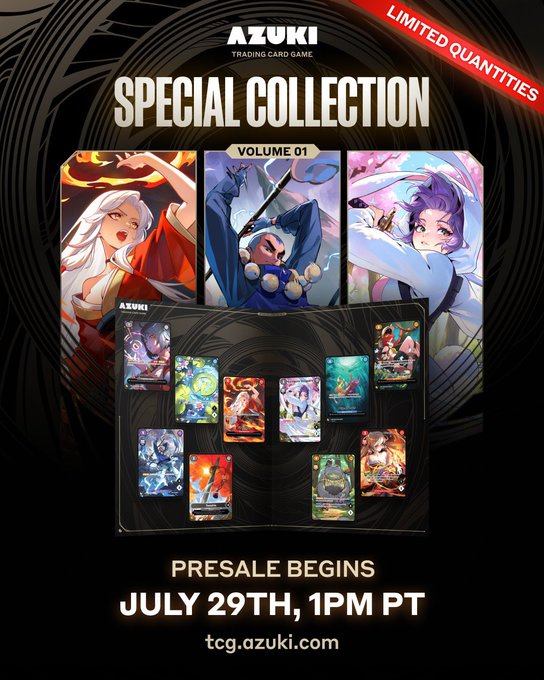 A promotional poster for 'AZUKI TRADING CARD GAME - SPECIAL COLLECTION VOLUME 01,' marked 'LIMITED QUANTITIES' with a presale date of 'JULY 29TH, 1PM PT' at tcg.azuki.com.