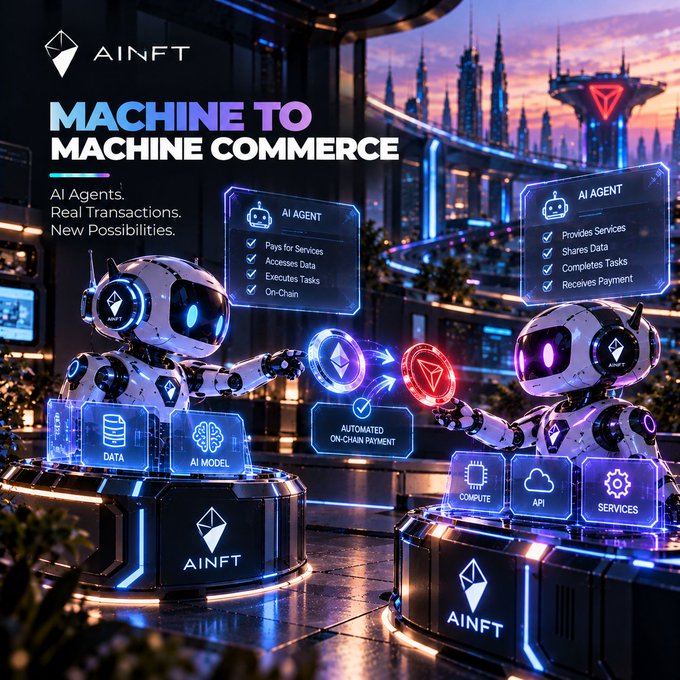 A futuristic promotional graphic for AINFT displays two robots exchanging payment between Ethereum and TRON logos, with text "MACHINE TO MACHINE COMMERCE", "AI Agents. Real Transactions. New Possibilities.", and tags for "DATA", "AI MODEL", "COMPUTE", "API", and "SERVICES".