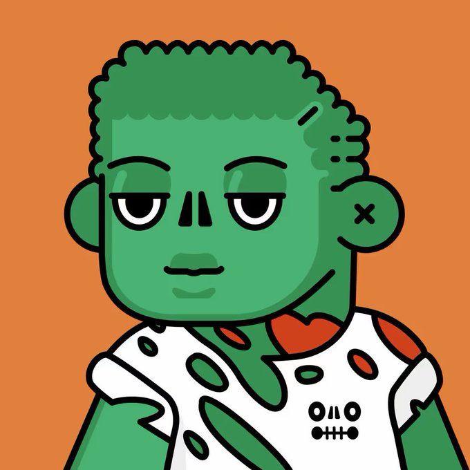 A green cartoon character with short curly hair and an X over one ear, wearing a white shirt with green and red patterns on an orange background.