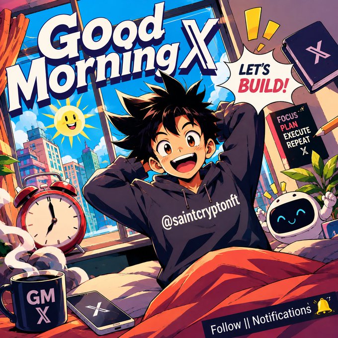A cheerful anime-style character wakes up with a wide yawn, surrounded by "Good Morning X" text, a "Let's Build!" speech bubble, and a focus plan list (Focus, Plan, Execute, Repeat), with the handle @saintcryptonft displayed on his hoodie.

The image visualizes the post's "Good Morning X" greeting through a vibrant anime illustration of the crypto creator @saintcryptonft energetically starting his day, ready to build and execute plans.