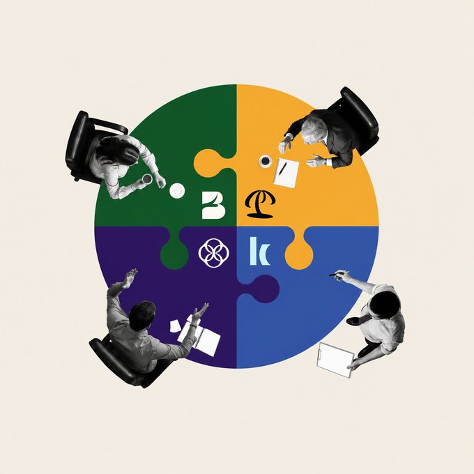 A conceptual illustration showing four people seated around a circular table divided into four colored puzzle-piece quadrants, each featuring a different company logo.