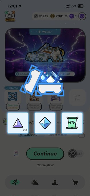 A mobile game screen showing a 'Walker' sneaker NFT at level 30, with three reward cards to choose from (purple triangle, blue diamond, scroll) above a 'Continue' button.