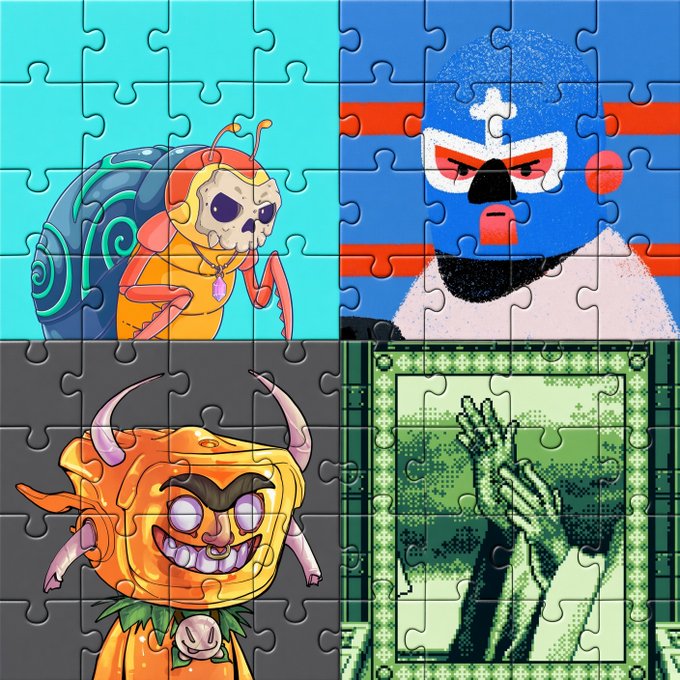 Four illustrated jigsaw puzzle panels display quirky characters: a skeletal insect-like creature, a blue masked figure, an orange horned beast, and a pixelated green zombie hand reaching out.