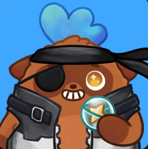A cartoon brown bear with a blue heart-shaped glow above its head wears an eyepatch and holds a glowing token marked with a star.