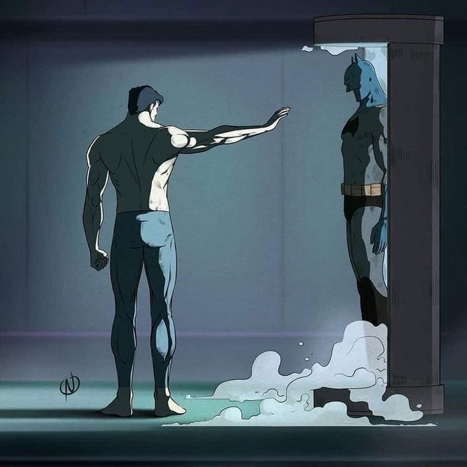 A comic book style illustration showing Batman standing in a cryogenic chamber with frost, while Bruce Wayne stands outside reaching toward him.