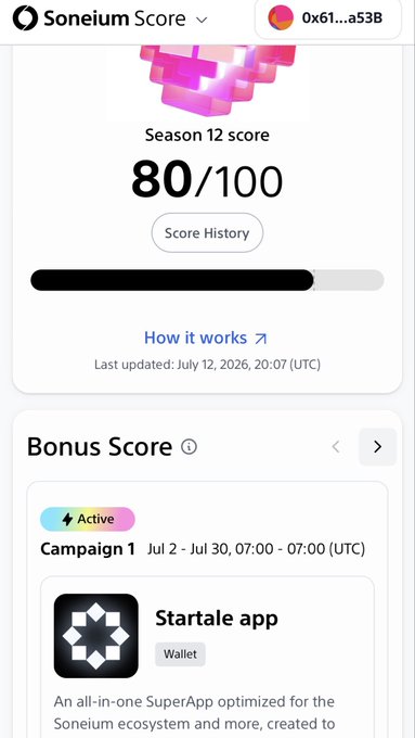 A Soneium Score dashboard displays a Season 12 score of 80/100 alongside a Bonus Score section highlighting the Startale app as an active wallet campaign participant, directly supporting the post's message of confidence in Startale's role within the growing Soneium Web3 ecosystem.