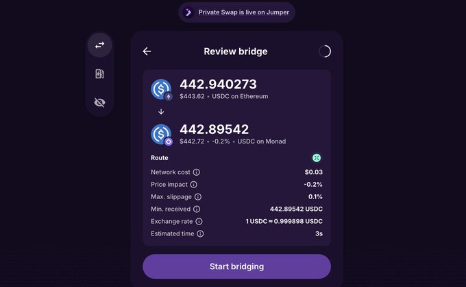 A "Review bridge" screen on Jumper showing the conversion of 442.940273 USDC on Ethereum ($443.62) to 442.89542 USDC on Monad ($442.72), with a 0.2% price impact, $0.03 network cost, and an estimated bridging time of 3 seconds. The image directly supports the post by displaying the purple-themed bridge transaction used to move USDC onto Monad ("the purple chain") for depositing into the perp DEX.