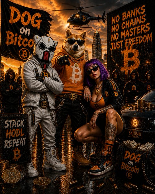 A digital artwork featuring anthropomorphic dogs and a purple-haired woman in Bitcoin-themed streetwear, with text including 'DOG on Bitcoin', 'NO BANKS NO CHAINS NO MASTERS JUST FREEDOM', and 'STACK HODL REPEAT'.
