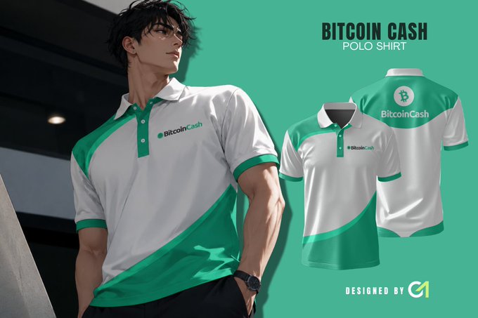 An anime-style promotional graphic displays a man wearing a white and green 'Bitcoin Cash' polo shirt alongside product mockups, with text reading 'BITCOIN CASH POLO SHIRT' and 'DESIGNED BY C1'.