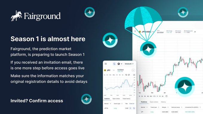 The image presents a scene where numerous small blue circles are floating around on a dark blue background with white text. The phrase "Season 1 is almost here Fairground" is prominently displayed, indicating that the predicted season for the upcoming forecast has been reached. Above this heading, there is another line of text that reads: 
"1/ Season 1 is almost here Fairground, the prediction market platform built by @ForteProtocol is preparing to launch Season 1 If you received an invitation email, there is one more step before access goes live".