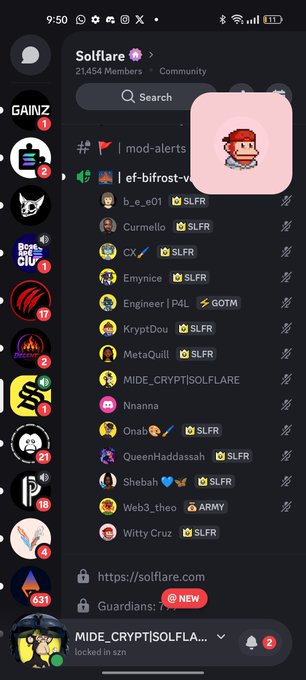 Discord mobile screenshot of the Solflare community server (21,454 members) showing role channels like #mod-alerts and #ef-bifrost-v with members assigned roles like SLFR, GOTM, and ARMY.