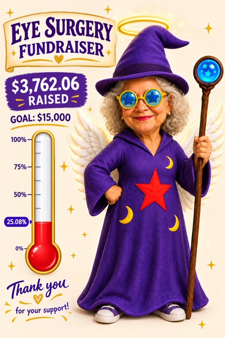 An 'EYE SURGERY FUNDRAISER' graphic showing $3,762.06 raised against a $15,000 goal (25.08%), featuring a cartoonish elderly person dressed as a purple wizard holding a staff.