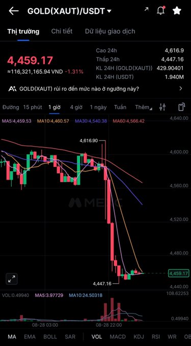 A cryptocurrency trading chart for GOLD(XAUT)/USDT shows a sharp downward trend, with the price at 4,459.17 (down 1.31%) and a recent drop from a high of 4,616.90.