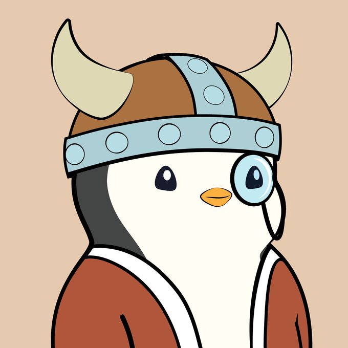 A cartoon penguin wearing a brown Viking helmet with horns and an eye patch is shown, representing Pudgy Penguin #8739 following its 4.249 ETH purchase on Blur between the specified wallet addresses.