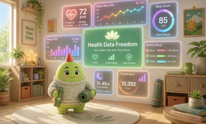 A cartoon avocado character in a green sweater stands in a cozy room surrounded by floating health data panels displaying 'Heart Rate (7D) 72 BPM', 'Sleep Score 85/100', 'Steps (7D) 10,392 Steps', 'Health Data Freedom', 'Activity Rings', '7h 45m Time Asleep', and 'Calorie Burn 10,392 kcal'.