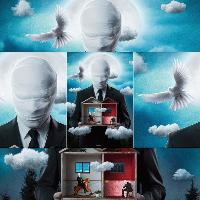 A surreal collage features a faceless figure wrapped in white bandages holding a dollhouse, set against a dreamlike blue sky with white doves and clouds.