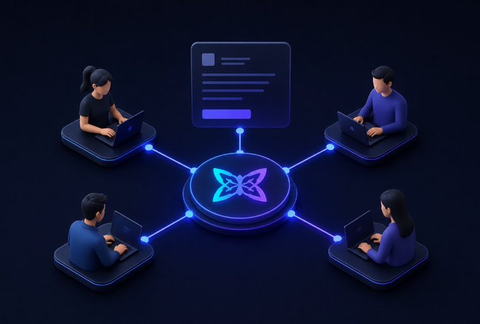 Four people on laptops connect to a glowing central butterfly icon (likely a stylized Qtum logo) beneath a document symbol, representing a decentralized open-source development community—mirroring the post's praise of Quip Network's transparent, community-driven approach to protocol innovation in areas like quantum networking and validator design.