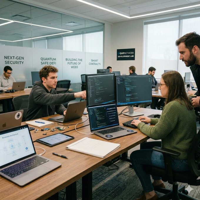 The image shows a group of people working together at desks with multiple laptops and computers. They are collaborating on a project that involves developing smart contracts, which are resistant to the effects of quantum computing. The team members appear to be engaged in their work, possibly discussing or reviewing code related to the project. The post emphasizes the importance of secure smart contract development and highlights @quipnetwork as a company providing tools and infrastructure for this purpose.