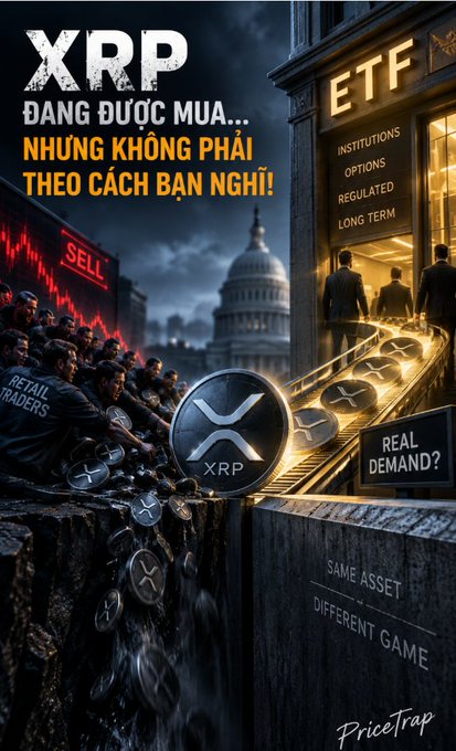 Crypto promotional graphic titled 'XRP ĐANG ĐƯỢC MUA... NHƯNG KHÔNG PHẢI THEO CÁCH BẠN NGHĨ!' contrasting retail traders on a cliff with falling XRP coins versus institutions entering an ETF building, labeled 'Real Demand?' and 'Same Asset Different Game.'