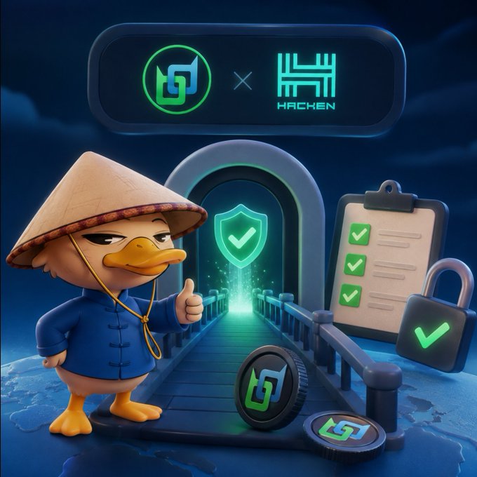 A 3D illustration showing a duck character in a conical hat giving a thumbs-up, standing on a bridge leading to a glowing shield, alongside a checklist and padlock icons, with 'GG' and 'HACKEN' logos displayed at the top.