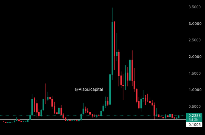 A candlestick chart shows $FET's price action in a 6d 3h timeframe, trading at 0.2288 with a historical peak near 3.5000 and a support level at 0.1005, watermarked with "@Alaouicapital." The chart visually reinforces the post's bullish thesis by highlighting FET's massive prior rally and current consolidation near lows, framing it as a "pre-IPO run" awaiting a "giga candle."