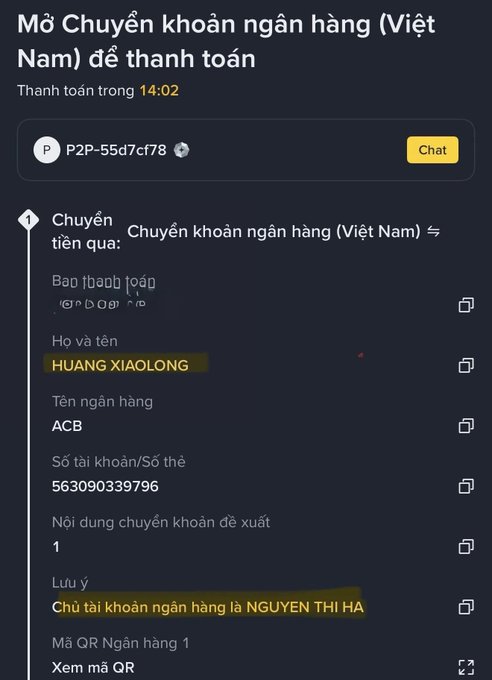 A Vietnamese banking transfer screenshot titled 'Mở Chuyển khoản ngặn hàng (Việt Nam) để thanh toán' showing payment details including the name HUANG XIAOLONG, bank ACB, account number 563090339796, and a note 'Chủ tài khoản ngặn hàng là NGUYEN THI HA'.