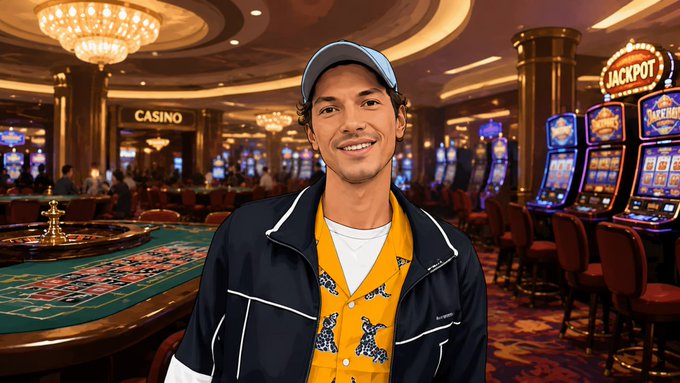 A smiling young man wearing a blue cap, yellow patterned shirt, and dark jacket poses inside a casino with slot machines and a roulette table visible behind him.