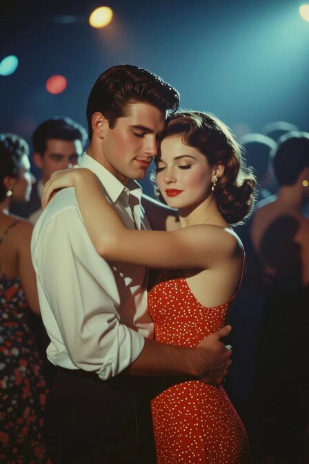 The image shows a man wearing a white shirt hugging a woman who is wearing an old-fashioned red dress with white polka dots, both of them smiling at each other. The background reveals that they are surrounded by people dancing and enjoying themselves on a dance floor. There is also text in the image that reads "Make her happy...Buy more $BLOX Current #1501/2000 Will buy more on Monday". This suggests that there might be an event or gathering related to the sale of $BLOX clothing, which could potentially involve dancing and socializing with friends.
