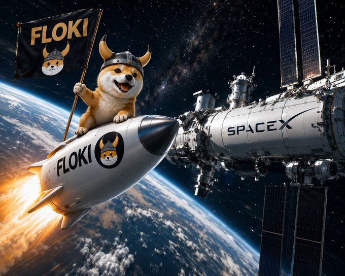 A Shiba Inu dog wearing a Viking helmet rides a SpaceX rocket labeled 'FLOKI' alongside a SpaceX station in space, holding a 'FLOKI' flag.