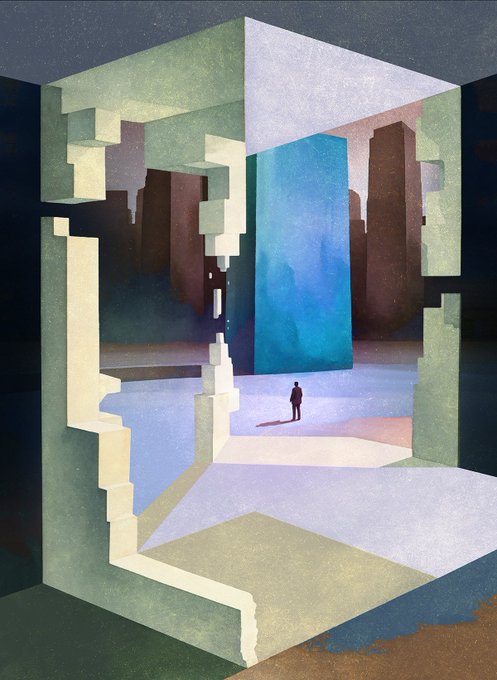 A surreal, dreamlike painting depicting a lone figure standing within a fragmented geometric architectural space of pale blue and cream tones.