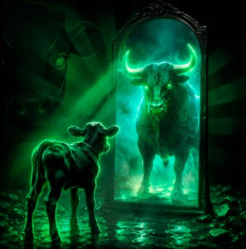 A small calf stands before an ornate mirror, gazing at its reflection—a powerful, glowing green bull with massive horns—symbolizing the hidden potential and imminent breakout of $BABYANSEM before its pump.