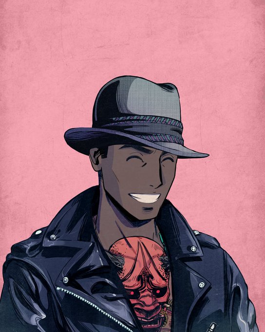 An illustrated portrait of a man wearing a black hat and leather jacket, smiling with his eyes closed, featuring a red oni/demon tattoo on his chest against a pink background.