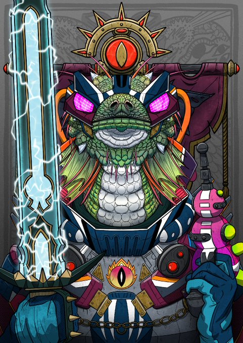A vibrant illustration of a robotic, anthropomorphic crocodile character wearing armor and wielding a large glowing blue sword.
