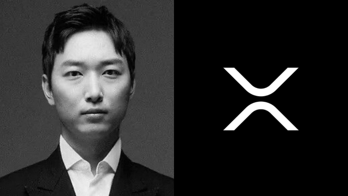 The image shows a black-and-white portrait of YoungHoon Kim on the left, paired with the white XRP logo on a black background on the right—visually linking the world's highest IQ record holder to the cryptocurrency he's endorsing as beginning a supercycle.