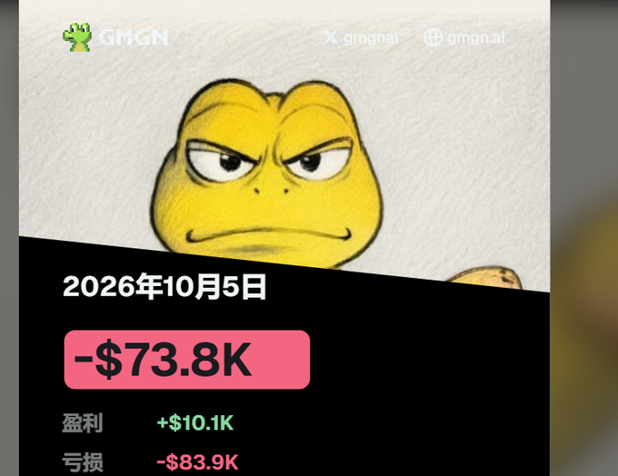 The image features a skeptical, smirking frog meme overlaid on a GMGN trading dashboard showing a loss of -$73.8K on October 5, 2026, with profits of +$10.1K and losses of -$83.9K. The grim expression and negative figures visually amplify the poster's frustration about their heavy financial setback, fitting their lament about quitting BSC after persistent losses.
