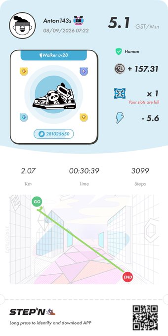 A STEP'N app screenshot showing a 'Walker Lv28' sneaker NFT with earnings of 5.1 GST/Min, covering a 2.07 km walk in 00:30:39 for 3099 steps.