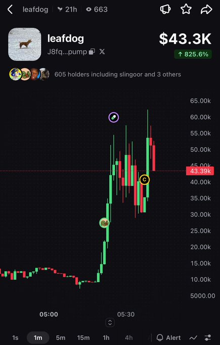 A mobile screenshot showing a financial chart for the meme coin 'leafdog', which is up 825.6% to a price of $43.39K, with a 1-minute candlestick chart displayed.